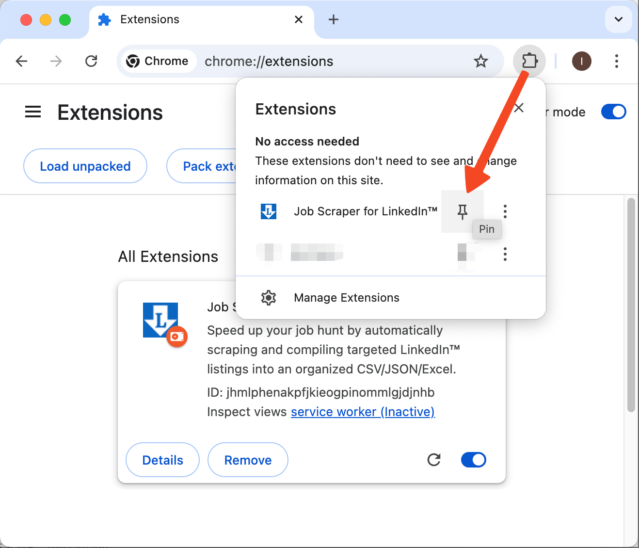 Pin the extension